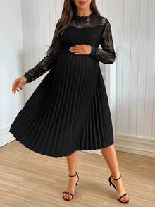 SHEIN Maternity A-Line Lace Patchwork Ruffle Hem Fitted Dress - Black - View 7