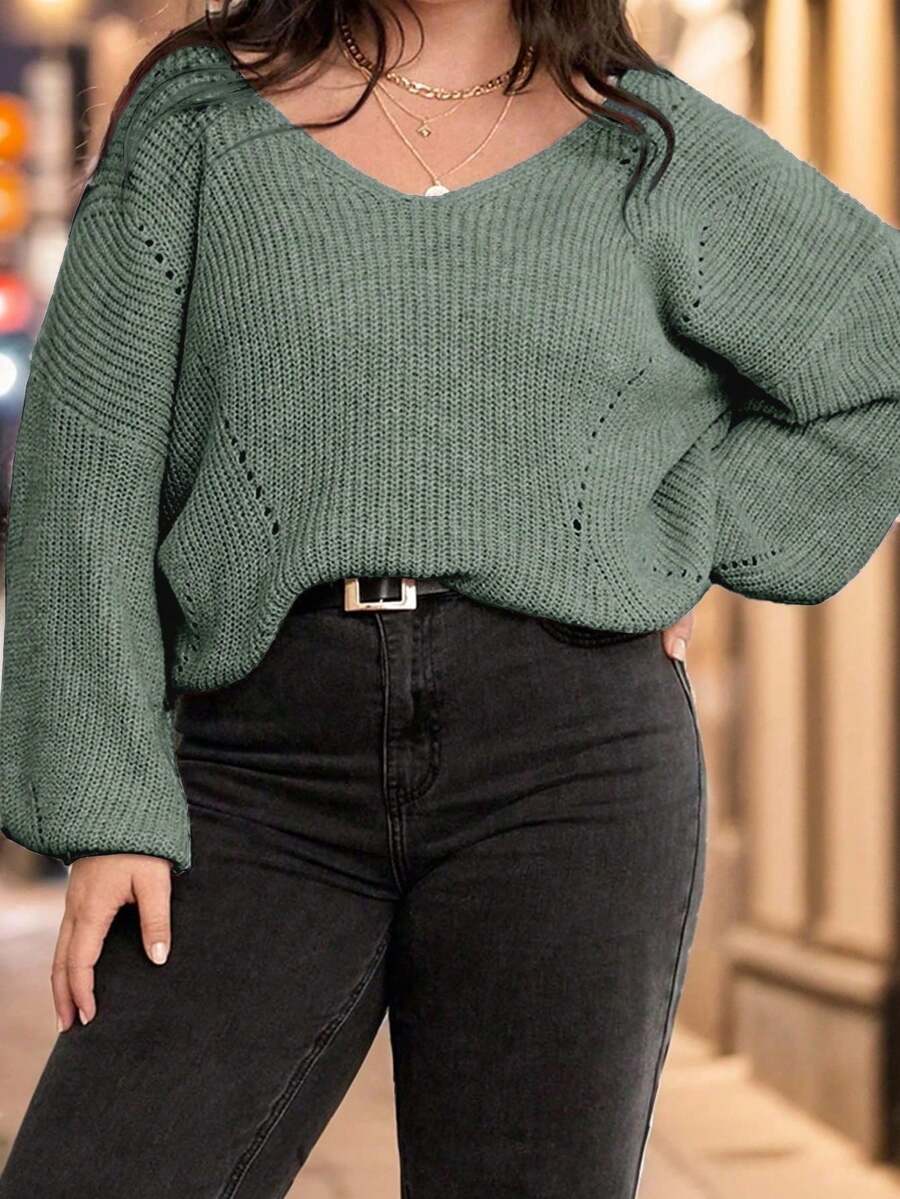 Calvaya 大码女式纯色 V 领镂空长袖休闲通勤百搭套头毛衣，秋冬 - 橄欖綠 - 查看 1
