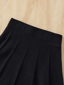 2 件套女童针织套装，撞色圆领毛衣和纯色百褶裙，秋冬 - 黑色 - 查看 6