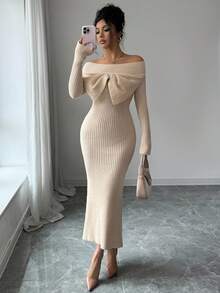 SHEIN Elenzya Women's Off Shoulder Bowknot Fishtail Dress, Autumn/Winter - Apricot - View 1