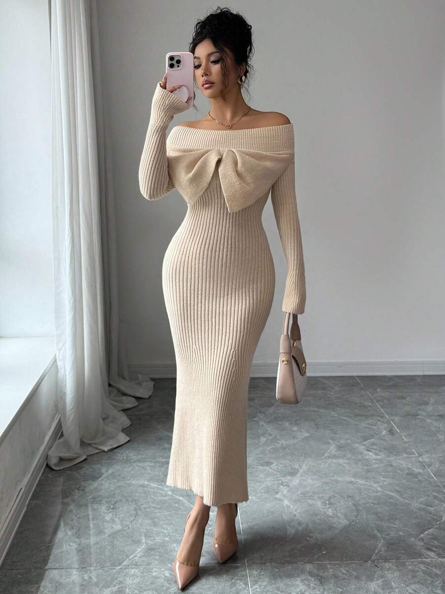 SHEIN Elenzya Women's Off Shoulder Bowknot Fishtail Dress, Autumn/Winter - Apricot - View 1