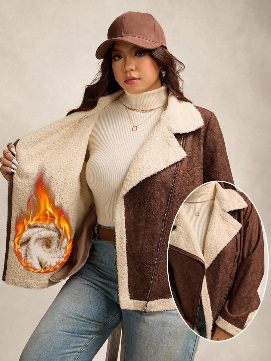 Zelara 加大码女式摩托车风格拉链休闲夹克，秋冬女式棕色夹克仿麂皮夹克羊羔绒夹克女式外套女式秋季夹克女式秋季服装女式西部服装女式夹克 - 卡其色 - 查看 1