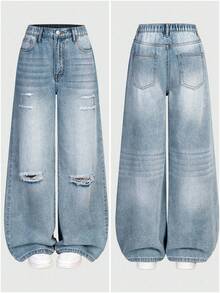 Sparklyn 少女破洞宽松阔腿休闲复古蓝色牛仔裤 - 藍色 - 查看 2