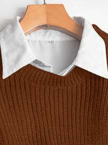 GlowEve 2pcs Women Solid Color Ribbed Knit Asymmetric Hem Top And Slit Skirt Set - Rust Brown - View 5