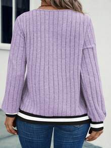 EMERY ROSE Women's Plus Size V-Neck Contrast Trim Soft Plus Size Ribbed Knit Sweatshirt, Autumn/Winter - Purple - View 2