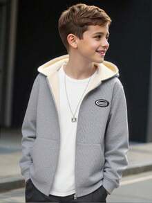 SHEIN Tween Boy Casual Loose Hooded Jacquard Thermal Lined Jacket, Suitable For Sports, School, Spring/Summer/Autumn/Winter Fall - Grey - View 1
