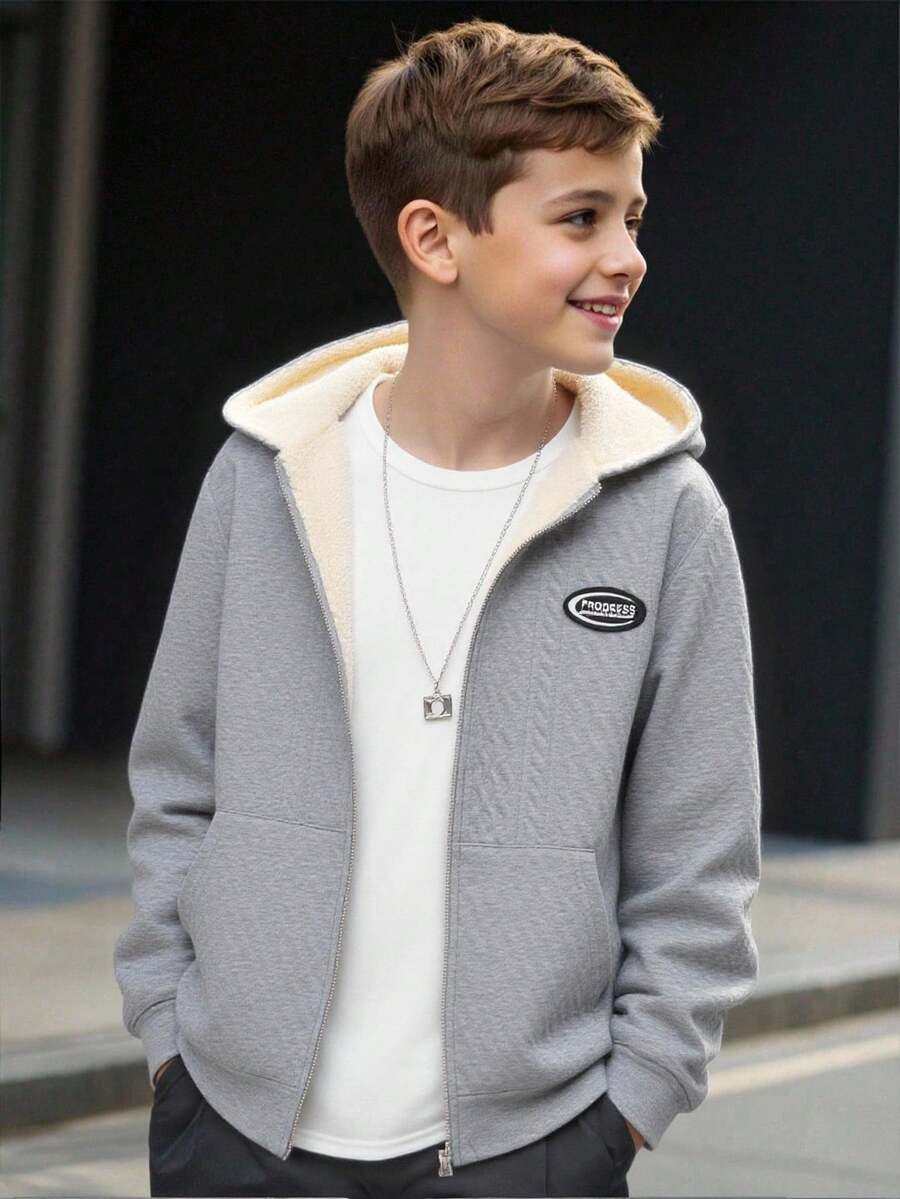 SHEIN Tween Boy Casual Loose Hooded Jacquard Thermal Lined Jacket, Suitable For Sports, School, Spring/Summer/Autumn/Winter Fall - Grey - View 1