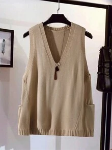 EMERY ROSE كنزة صوفية صوفية بياقة على شكل حرف V وجيوب للنساء البدينات، لارتداء في المناسبات اليومية والتنقل، بتصميم بسيط ومتعدد الاستخدامات، بلون أحادي - كاكي - مشاهدة 1