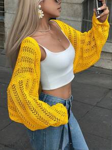 Batwing Sleeve Hollow Out Lightweight Knit Cardigan - Yellow - View 7