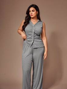 Lazeform Women's Casual Solid Color Jacquard Knit Collared Sleeveless Pleated Cardigan & Pants Plus Size Pajama Set - Grey - View 3