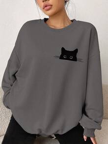 SHEIN EZwear 好奇黑猫印花休闲简约设计加厚宽松圆领长袖卫衣，适合秋冬季节、圣诞节穿着。 - 深灰色 - 查看 5