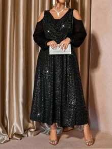 Cravure Plus Size Women Elegant Cold Shoulder Draped Neck High Slit Dress, Party Gown - Black - View 3