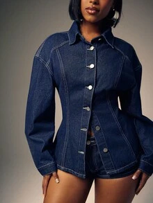 Denimoi Cinched Waist Collared Button Down Long Sleeve Denim Top - Dark Wash - View 5