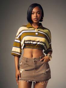 Cropped Cinched Waist Striped Polo Shirt - Olive Green - View 5