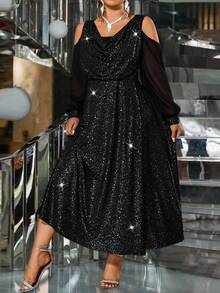 Cravure Plus Size Women Elegant Cold Shoulder Draped Neck High Slit Dress, Party Gown - Black - View 5