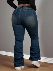 Slaydiva Plus Size Women Elastic Blue Vintage Side Pleated Flare Jeans - Dark Wash - View 2