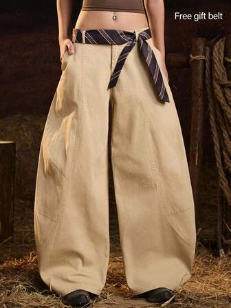 Easelle Vintage Casual Women's Fashionable Khaki Woven Low-Waist Wide-Leg Pants Bending Knife Cutting Gift Decorative Tie Halloween Costumes Autumn Winter Outfits For Women Cotton