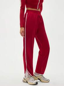 SHEIN Sports 女式撞色边开衩运动裤 - 酒紅色 - 查看 6