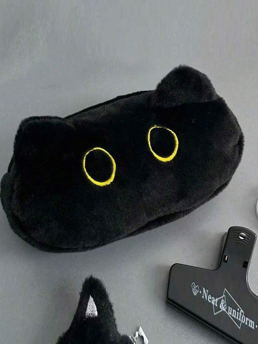 1 buc. Penar drăguț cu pisică neagră - capacitate mare, cutie de depozitare a papetăriei moale și durabilă cu ochi galbeni drăguți, perfect pentru întoarcerea la școală, geantă de creioane