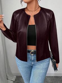 SHEIN PETITE CURVE Áo khoác da PU cổ điển đa năng cỡ lớn dành cho nữ, dòng Petite - Màu đỏ tím - Xem 4