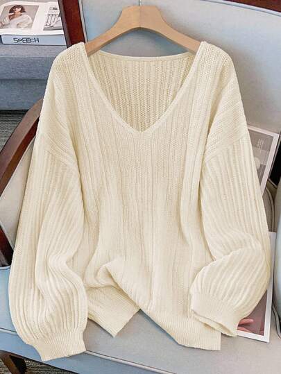 GlowEve CURVE プラスサイズ エレガントVネック ドロップショルダー 長袖 プルオーバー セーター