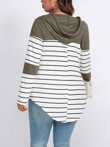 EMERY ROSE Plus Size Color Block Striped Hooded Casual T-Shirt Graphic Tees Women Tops - Army Green - View 2