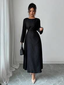 Rafferiza Women's Elegant Textured Pleated Shoulder Tie Waist Slim Fit Round Neck Long Sleeve Solid Color Black Dress, Casual Winter