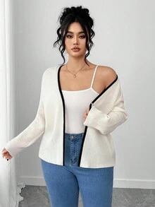 Elenzga Plus Size Women Elegant Design Lantern Sleeve Knitted Cardigan - White - View 3