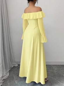 Elenzga Vestido largo elegante con hombros descubiertos para mujer de talla grande - Amarillo - Ver 2