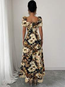 Elenzga Vestido de verano elegante con mangas abullonadas y bordado para mujer, talla estándar