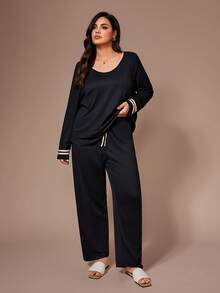 Lazeform Soft & Skin-Friendly Contrast Color Casual Loungewear Pajama Set, Plus Size Curve Plus Pajama Set, Cozy Outfit, Fall Winter Clothes - Black - View 2