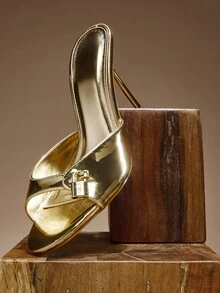 SHUZIA Women's Fashion Daily Versatile Slip-On Heeled Sandals With Lock Decor Valentine's Day - Gold - View 6