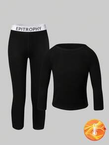 2 件男童黑色长袖保暖内衣套装，柔软羊毛面料，简单舒适，适合冬季分层穿着，简约设计，易于搭配，有弹性，可机洗