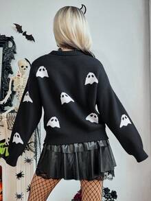 Zielony Women's Black & White V-Neck Button Lantern Sleeve Halloween Pumpkin Knit Cardigan