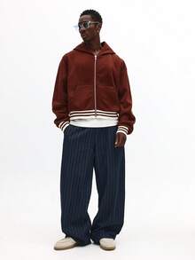 Áo hoodie có khóa kéo phong cách đại học cổ điển với họa tiết sọc thiết kế chữ cái cổ điển cỡ lớn thường ngày mùa đông - màu nâu - Xem 5