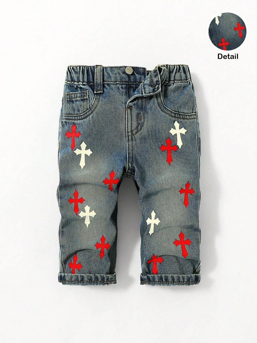 SHEIN Toddler Boys' Red & White Cross Pattern Blue Denim Loose Straight Leg Pants - Dark Wash - View 1