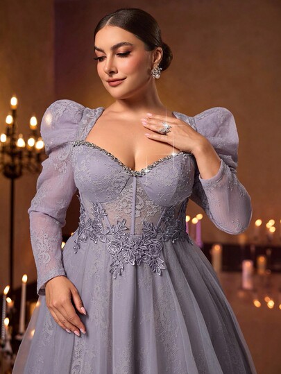 Glamrae Elegantes, romantisches, luxuriöses Kleid in Grau-Lila mit Spitze, herzförmigem Ausschnitt, Puffärmeln, Strass-Ketten-Applikationen und A-Linie-Saum, geeignet für Abendpartys, Dates, Proms, Hochzeiten und formelle Anlässe (stark verziert)