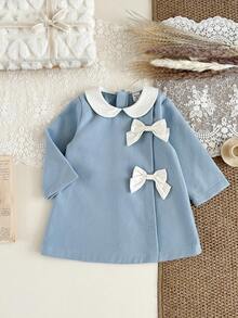 SHEIN 1pc Baby Girls' Elegant Collared Long Sleeve Dress,Soft & Comfortable,Blue And White,Autumn Elegant Party,9 Months-3 Years Fall Outing Gift Dress - Blue - View 5