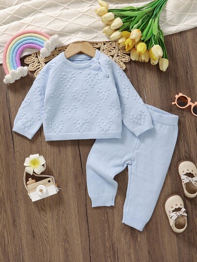 SHEIN Vintaside Kids Baby Girl Crew Neck Raglan Sleeve Casual Sweater And Knit Pants Set, Autumn/Winter Baby Blue Knitted Outfit For Baby Baby Set Autumn Winter Season Baby Blue Knitted Outfit Blue 2 Piece Set Baby Babygirl Blue Outfit Baby Blue 2 Piece Set Knitted Baby Outfit Knitted Outfit Baby Outfit