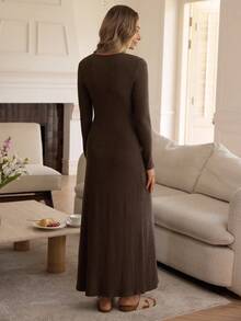 Louniche 女士休闲V领针织腰部修身直筒长袖连衣裙，百搭学院风，适合外出，秋冬季 - 棕色 - 查看 2