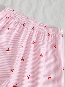 Women's Turquoise Polka Dot & Cherry Print Long Sleeve Top And Ribbed Casual Pants Loungewear Set Fall Winter - Multicolor - View 6