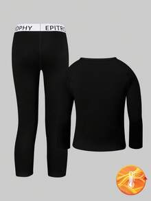 2 件男童黑色长袖保暖内衣套装，柔软羊毛面料，简单舒适，适合冬季分层穿着，简约设计，易于搭配，有弹性，可机洗