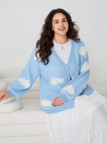 SHEIN EZwear Plus Clouds Pattern Drop Shoulder Cardigan, For Winter Fall - Baby Blue - View 5