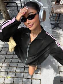 SHEIN EZwear 加大码黑色蝴蝶结刺绣侧条纹印花拉链长袖夹克女式秋冬装 - 黑色 - 查看 5