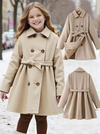 SHEIN Serisse Kids 少女纯色简约卡其色保暖长款外套，翻领设计，适合秋冬季节穿着，日常休闲场合及返校季皆宜。