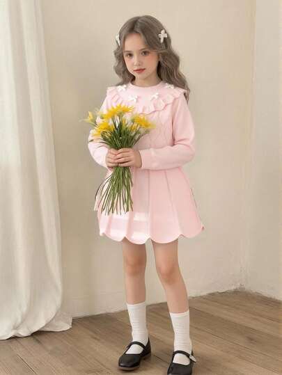 Souflis Souflis Young Girl Casual And Cute Pink Knitted Short Long-Sleeved Sweater With Bow And Knitted Skirt, Soft And Comfortable, Suitable For Daily Occasions, Suitable For Suitable For Traveling, Suitable For Vacation, Suitable For Home Scenes, Suitable For Nursery Scenes, Suitable For Children To Play. Wear Spring, Autumn And Winter Clothing, Festival Girls Outfit Sets