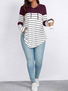 EMERY ROSE Plus Size Color Block Striped Hooded Casual T-Shirt Graphic Tees Women Tops - Red Violet - View 6