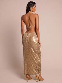 Glamine Women's Shell Decor Sleeveless Elegant Leopard Print Maxi Dress,Gold,Summer,70s,Night Out,Party,Chic Sparkly Shiny Long Dress,Halloween - Brown - View 2