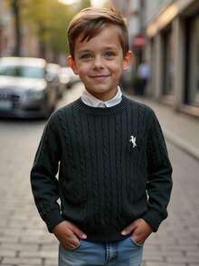 SHEIN Tween Boy Jacquard Embroidered Pattern Sweatshirt,Vintage Black And White,Autumn School Back-To-School,Fall Winter Solid Color Boy's Sweatshirt - Black - View 5
