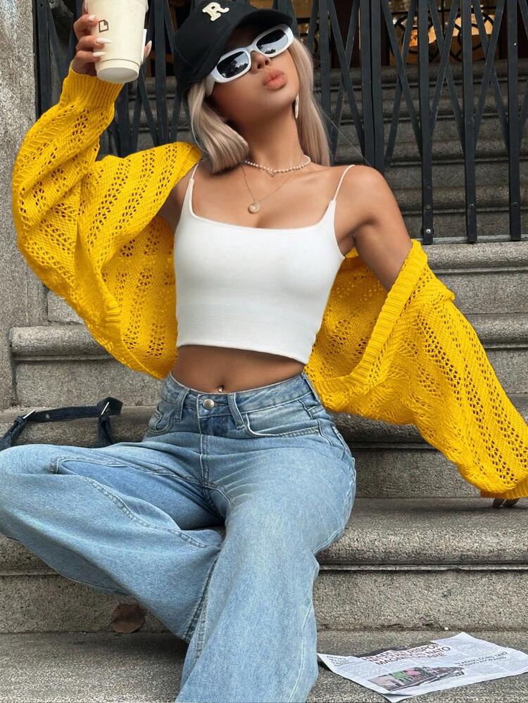 蝙蝠袖镂空轻盈针织开衫 - 黃色 - 查看 4